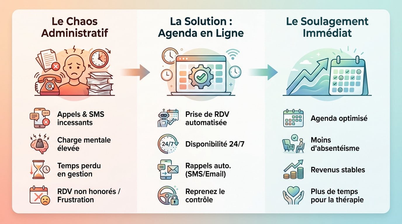 Therapeute soulagé utilisant un agenda en ligne pour sa gestion de rendez-vous