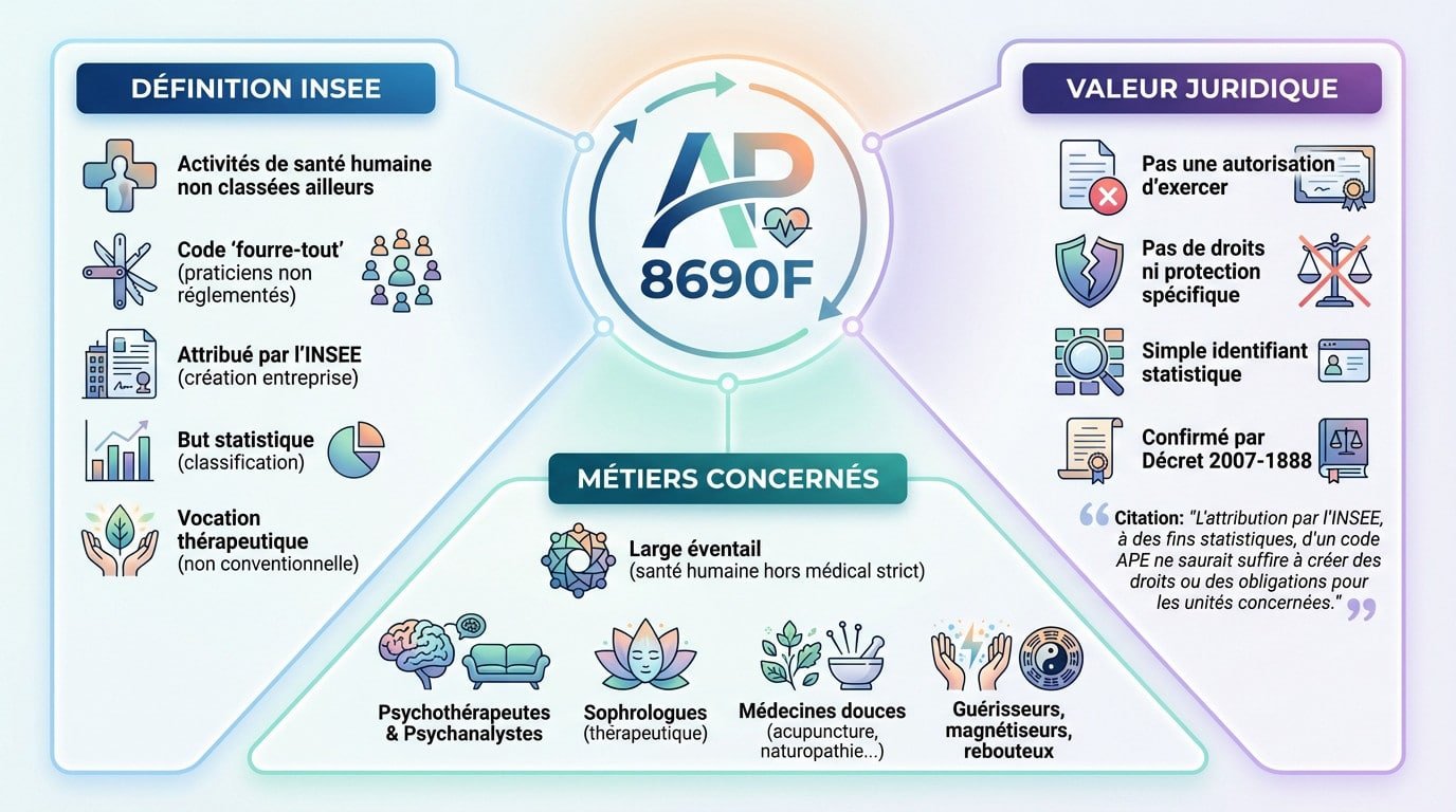 Illustration du décryptage du code APE 8690F pour les thérapeutes