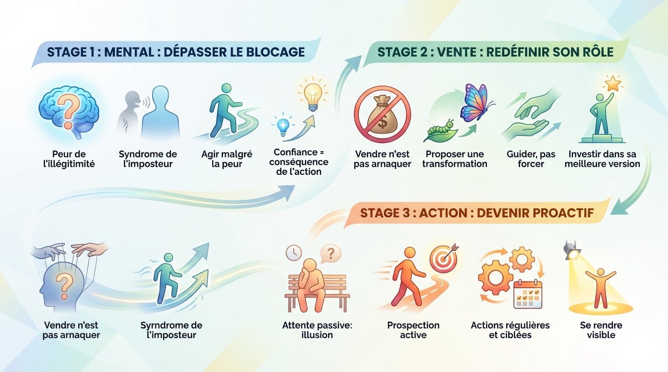 Schéma illustrant l'équilibre entre mindset, vente transformationnelle et action proactive pour trouver des clients