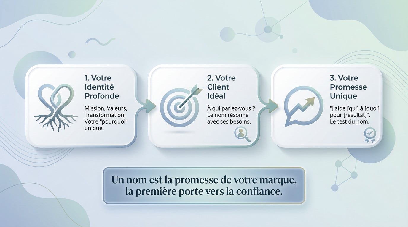 Schéma expliquant les étapes pour construire l'identité de marque d'un thérapeute avant de choisir un nom