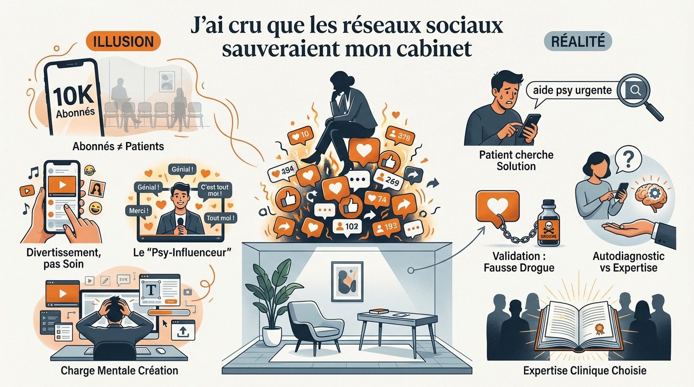 Contraste entre les likes virtuels et la réalité d'un cabinet de therapeute reseaux sociaux