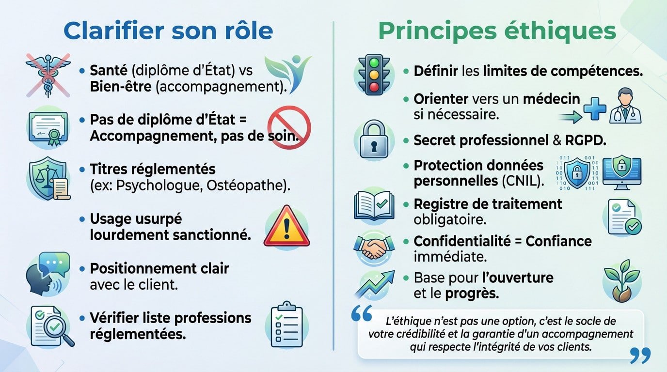Schéma illustrant le rôle et les principes éthiques pour s'installer comme thérapeute libéral