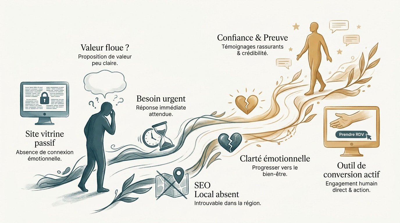 Infographie montrant la différence entre un site vitrine passif et un outil de conversion pour thérapeute