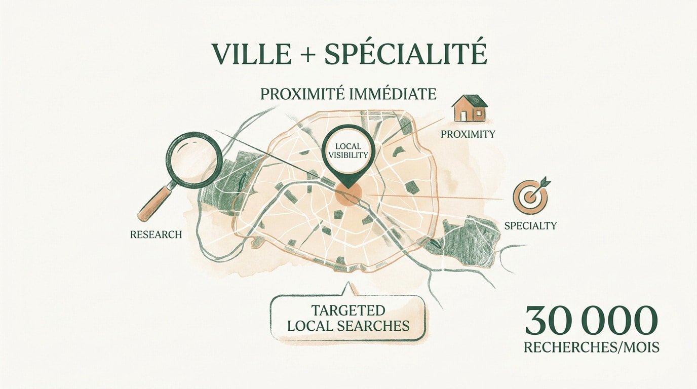 Graphique montrant l'importance de la combinaison ville et spécialité pour le référencement local des thérapeutes