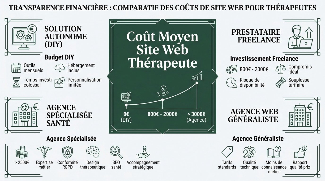 Tableau comparatif des tarifs de création de site internet pour thérapeute selon les options