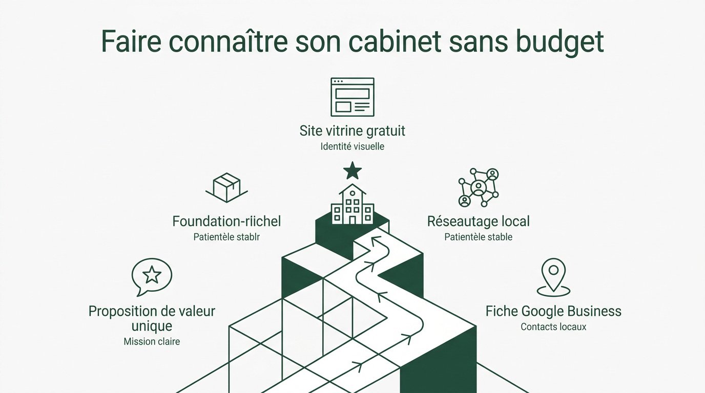 Thérapeute travaillant sur la stratégie de visibilité de son cabinet sans budget