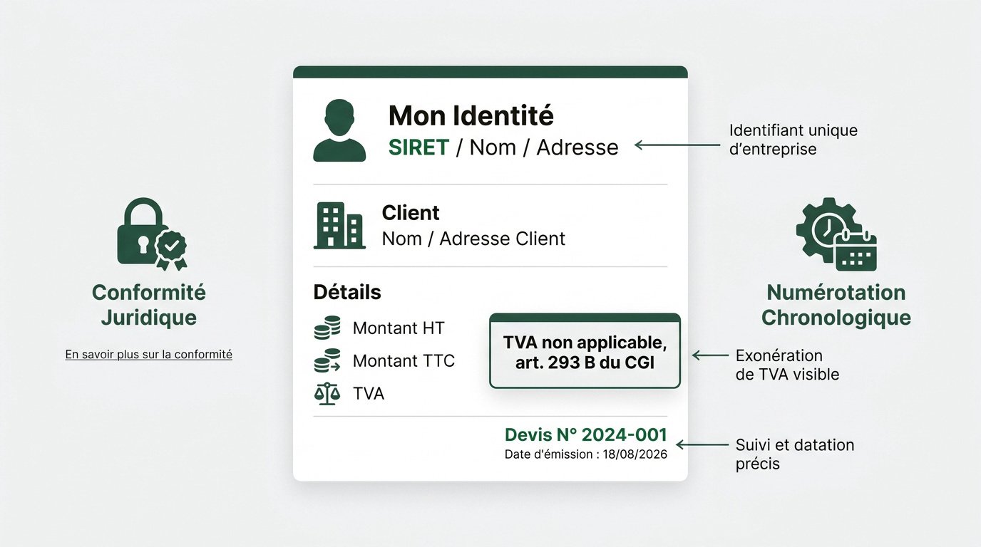 Infographie expliquant les règles de conformité et de numérotation pour un devis de coaching