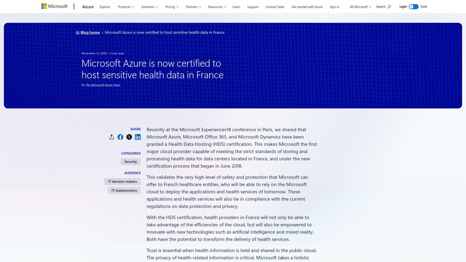 Microsoft Azure : l'infrastructure hybride certifiée HDS