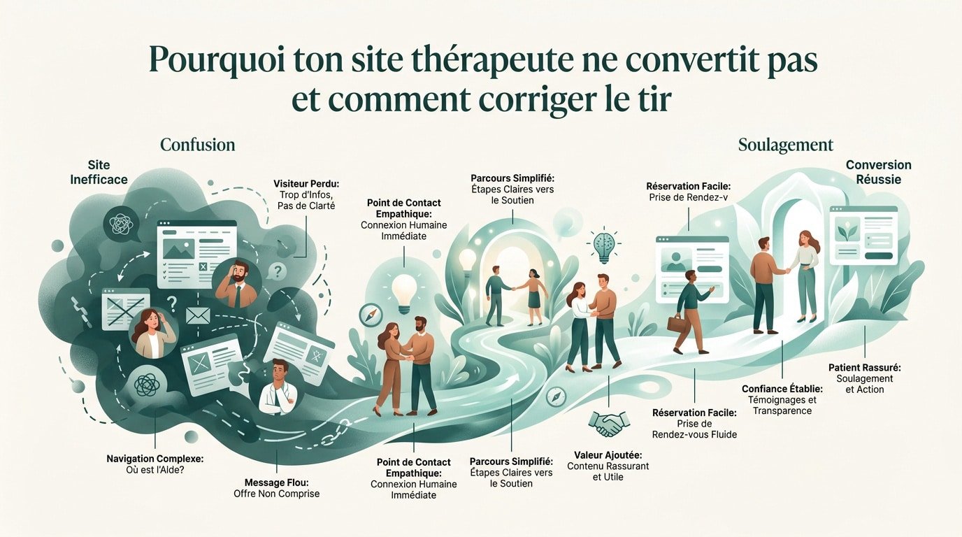 Schéma du parcours patient de la confusion à la conversion sur un site de thérapie