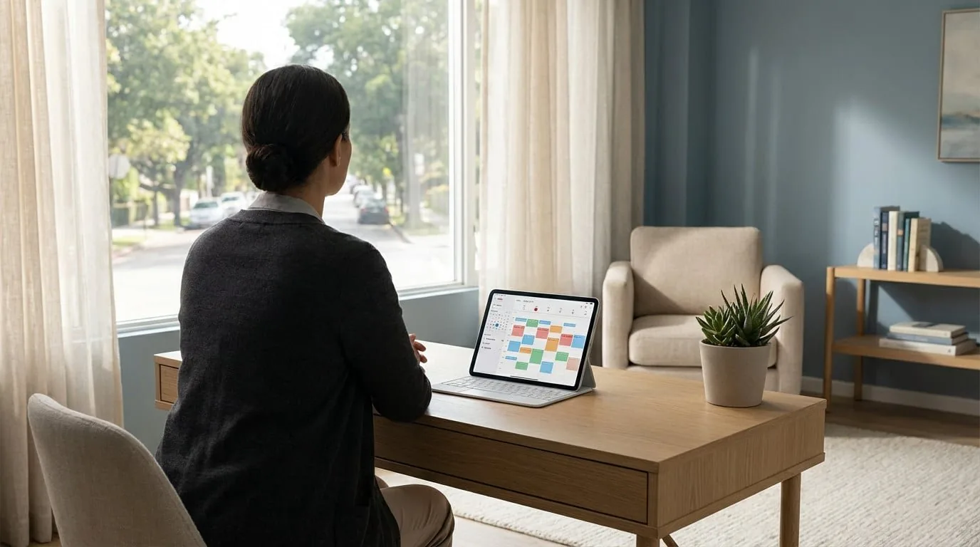 Personne de dos devant un calendrier numérique sur tablette, organisant des rendez-vous dans un bureau lumineux et calme.