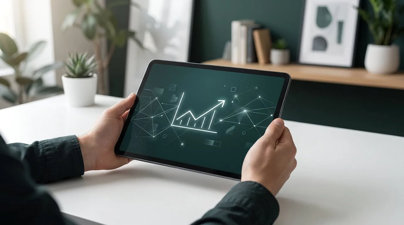 Mains tenant une tablette affichant un graphique de croissance numérique dans un bureau moderne.