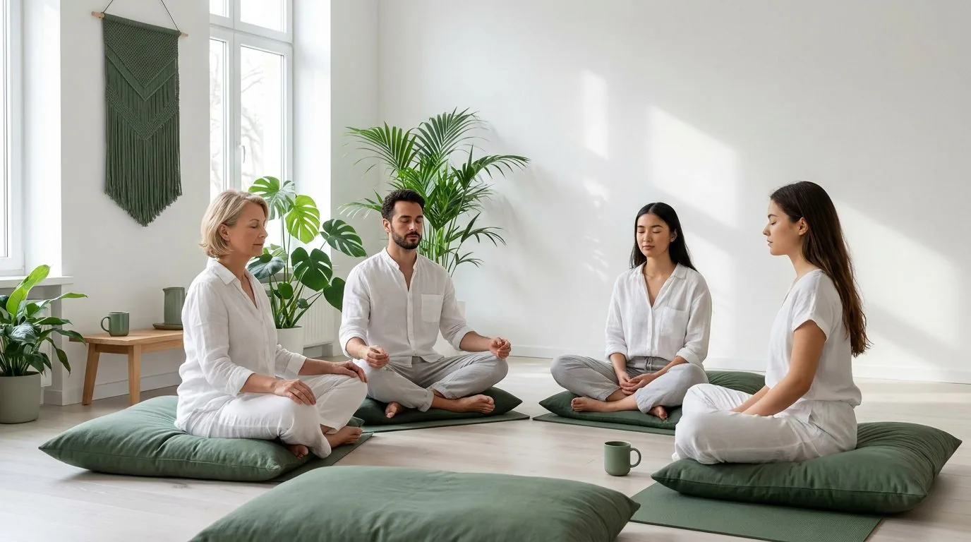 Séance collective de relaxation sonore dans une salle lumineuse