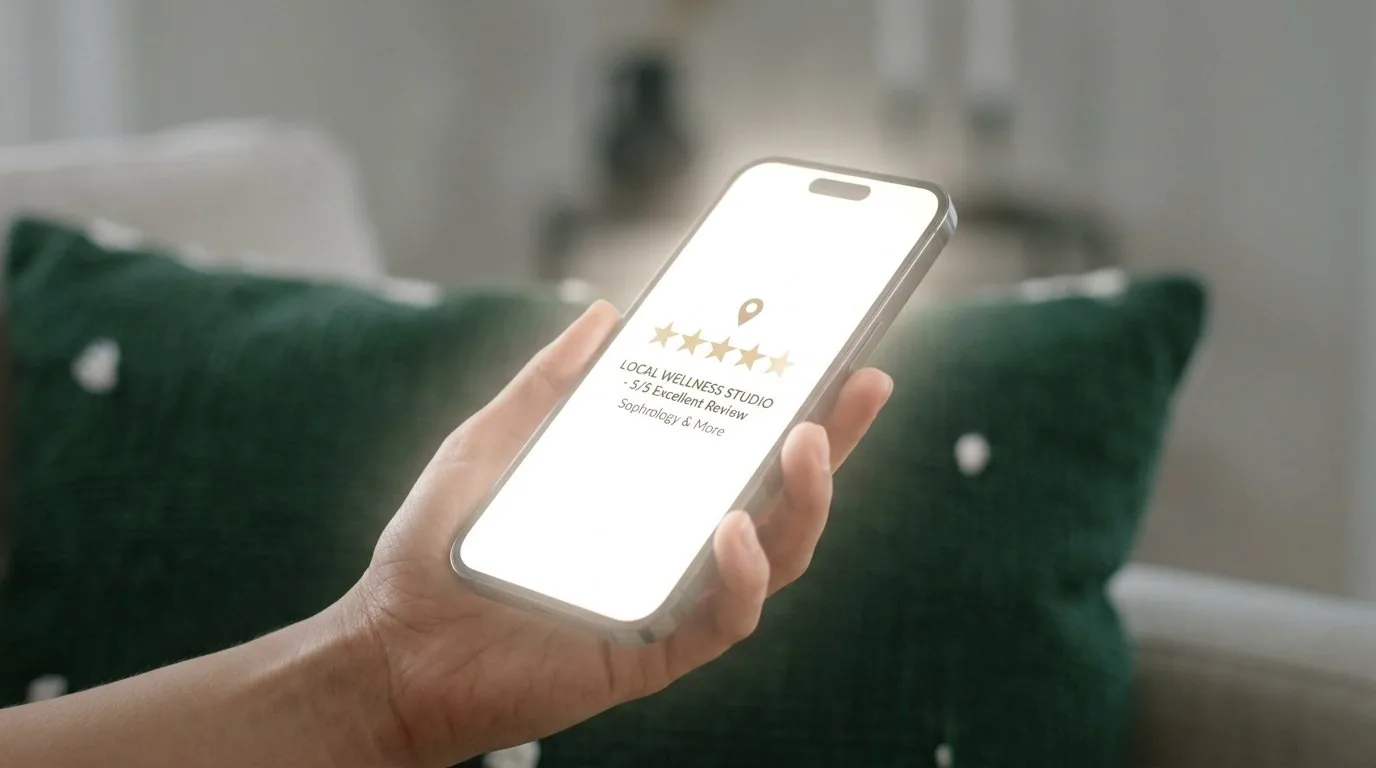 Une main tient un smartphone affichant un avis cinq étoiles, vérification avant de consulter un magnétiseur