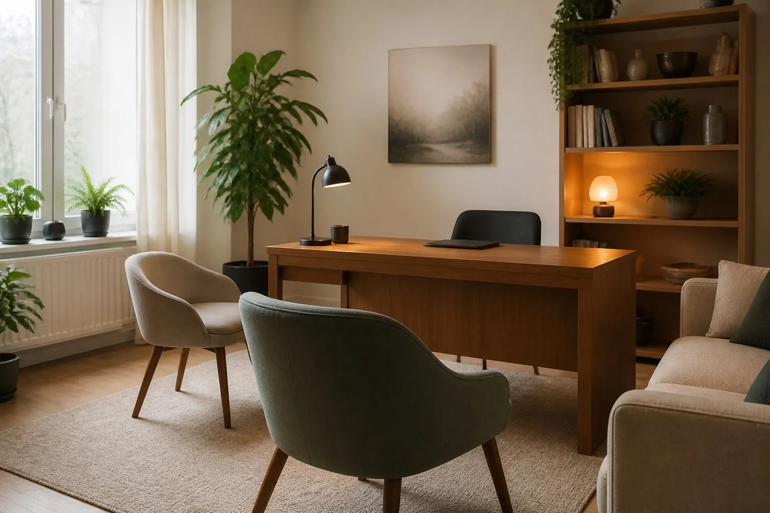 Bureau chaleureux en bois d'un cabinet de psychanalyste