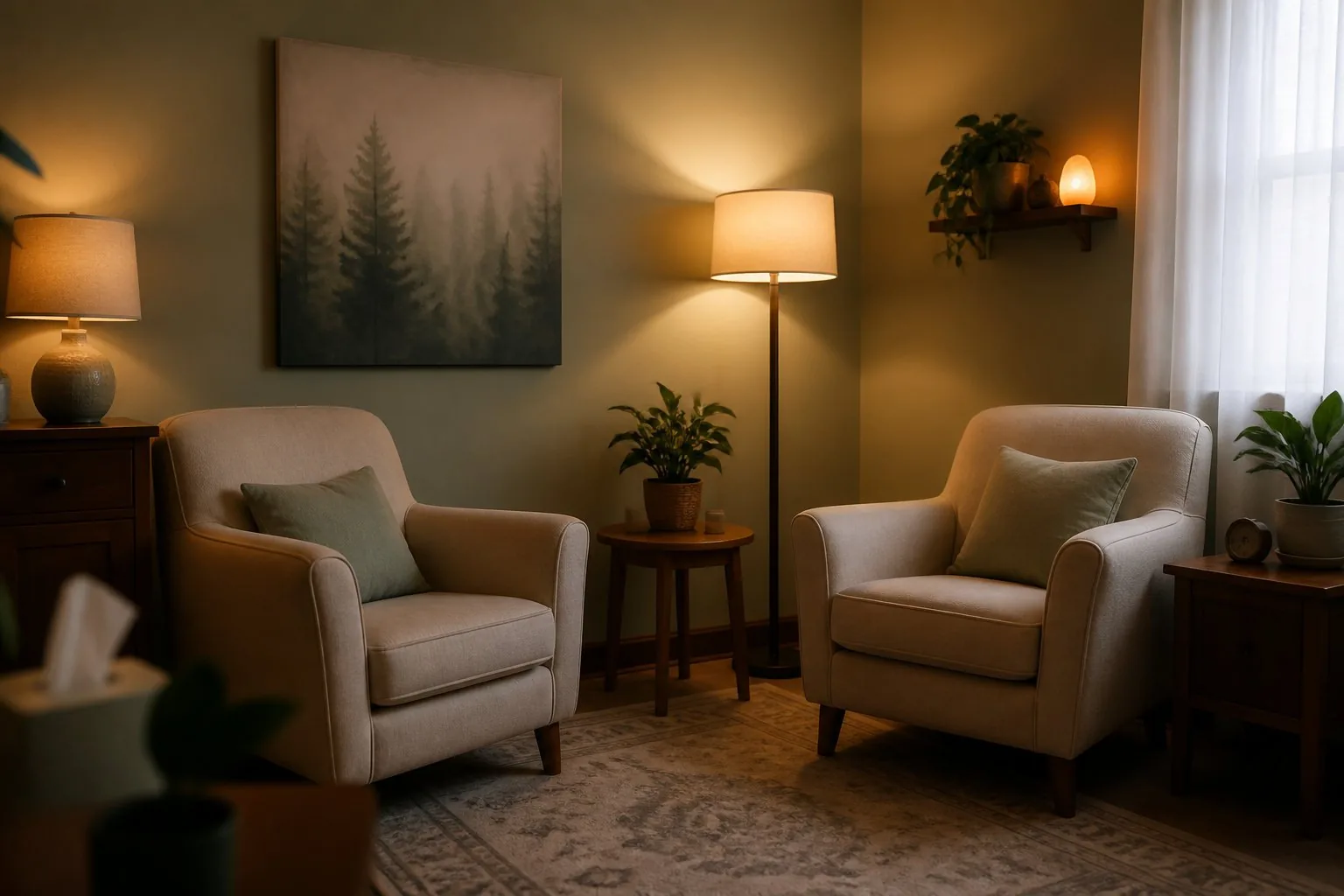 Deux fauteuils dans un cabinet de psychologue accueillant, photographiés pour la fiche Google