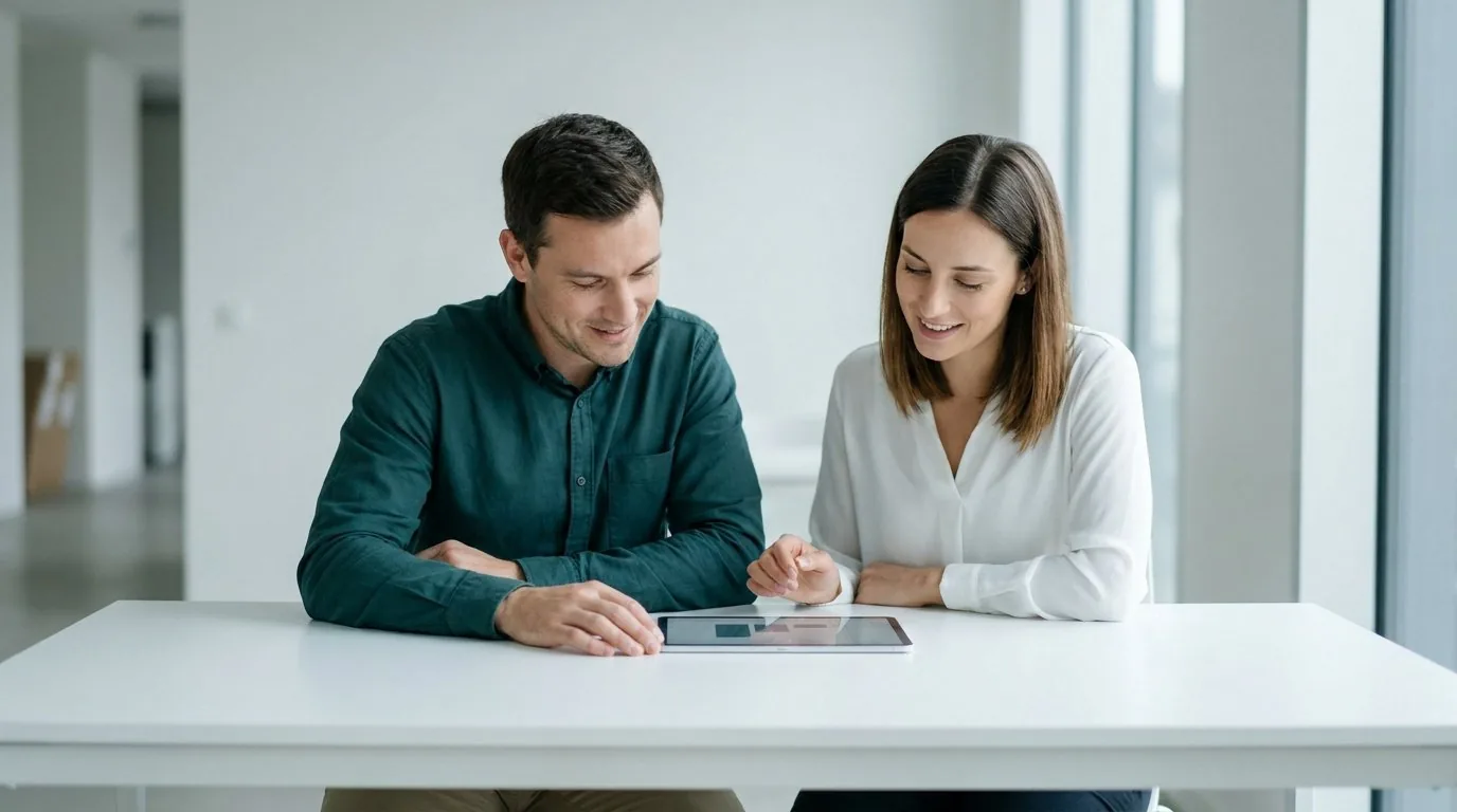 Une coach et son client travaillent ensemble sur une tablette