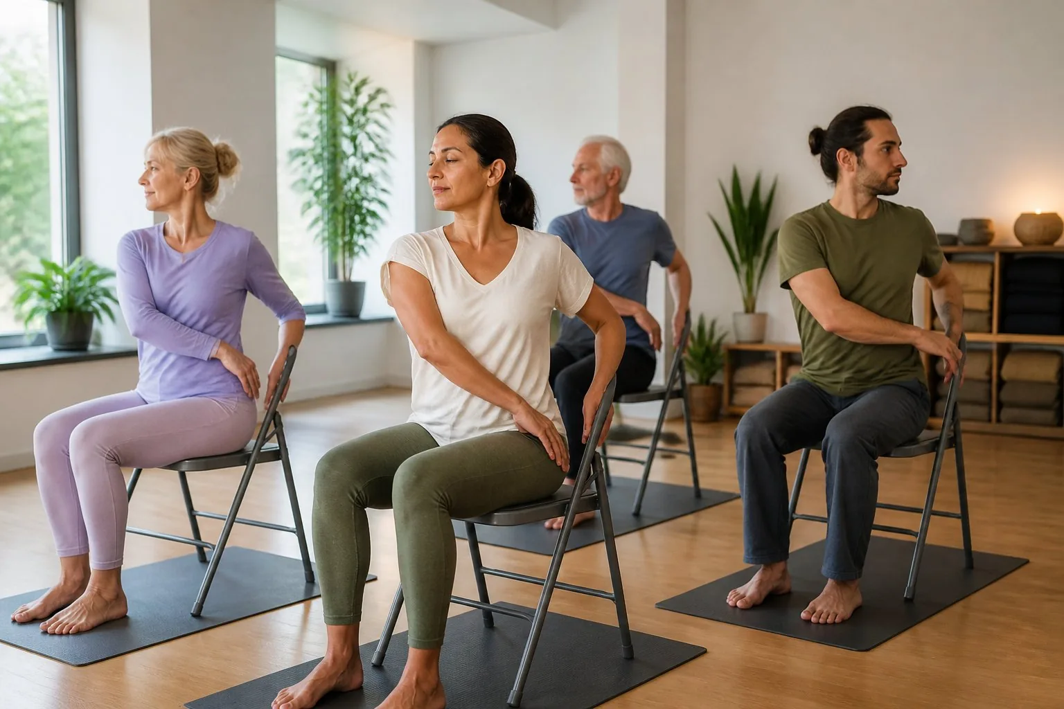Cours de yoga sur chaise avec des participants de tous âges