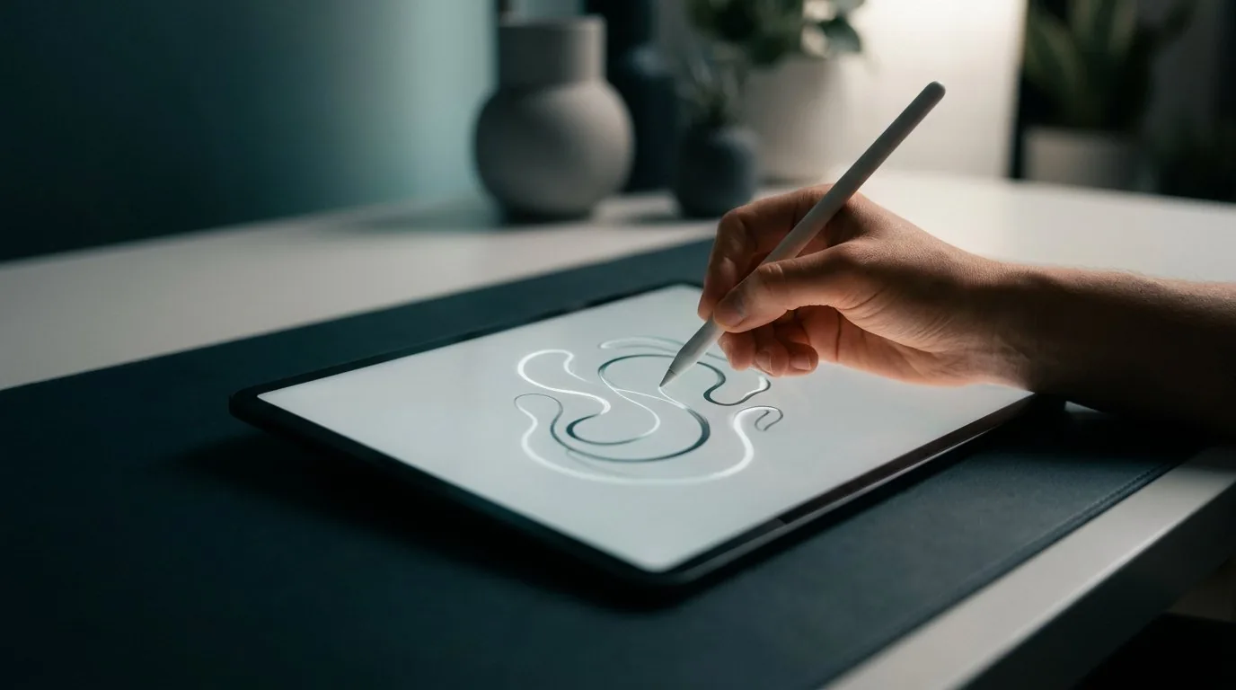 Une main utilisant un stylet pour dessiner une forme fluide et apaisante sur une tablette numérique.