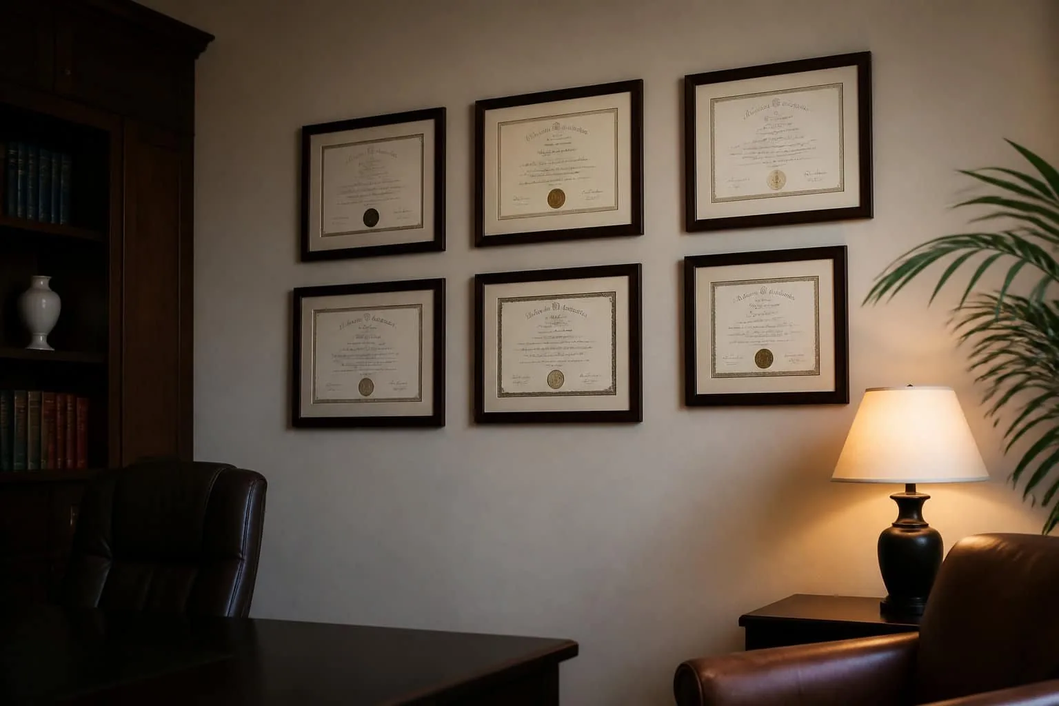 Diplômes et certifications affichés au mur d'un cabinet de thérapeute