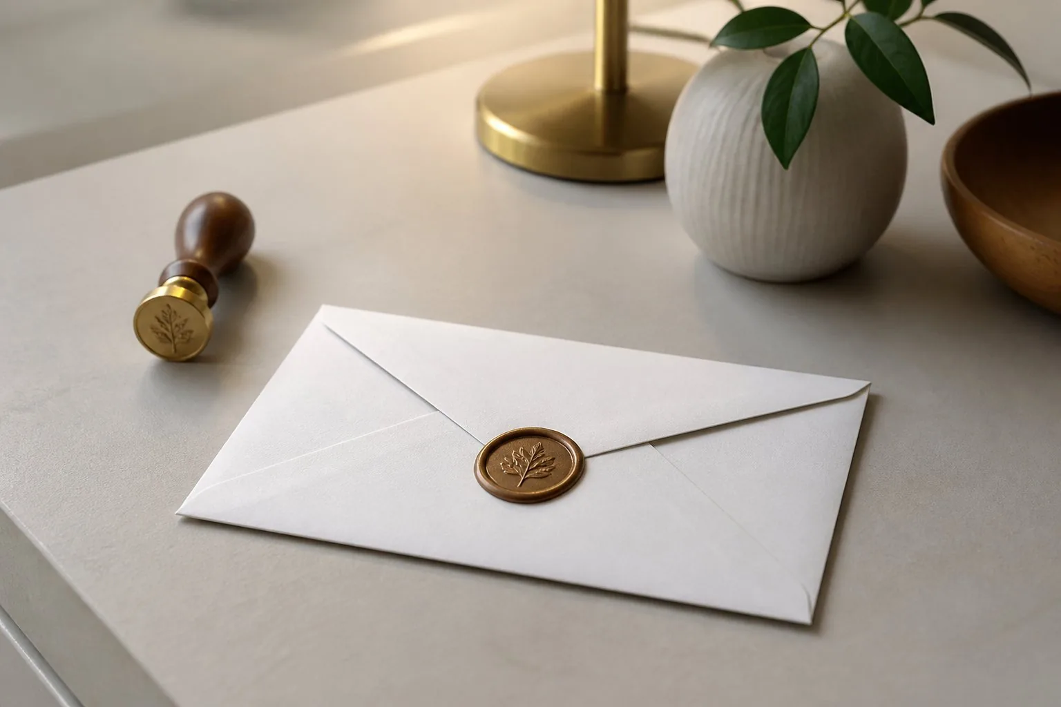Enveloppe scellée à la cire sur un bureau, symbole de confidentialité