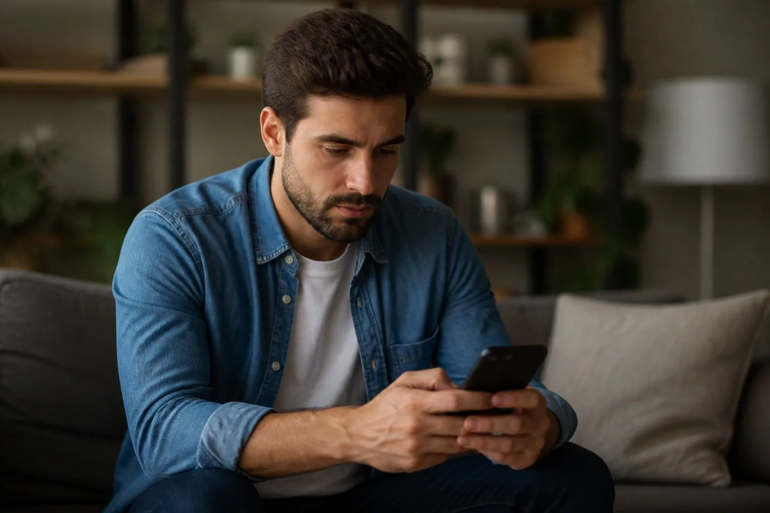 Un homme cherche discrètement un sexologue sur son téléphone, le soir