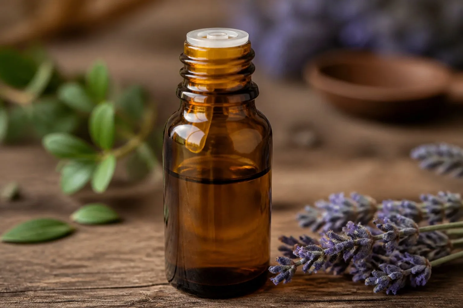 Flacon d'huile ambrée utilisé pour un massage ayurvédique
