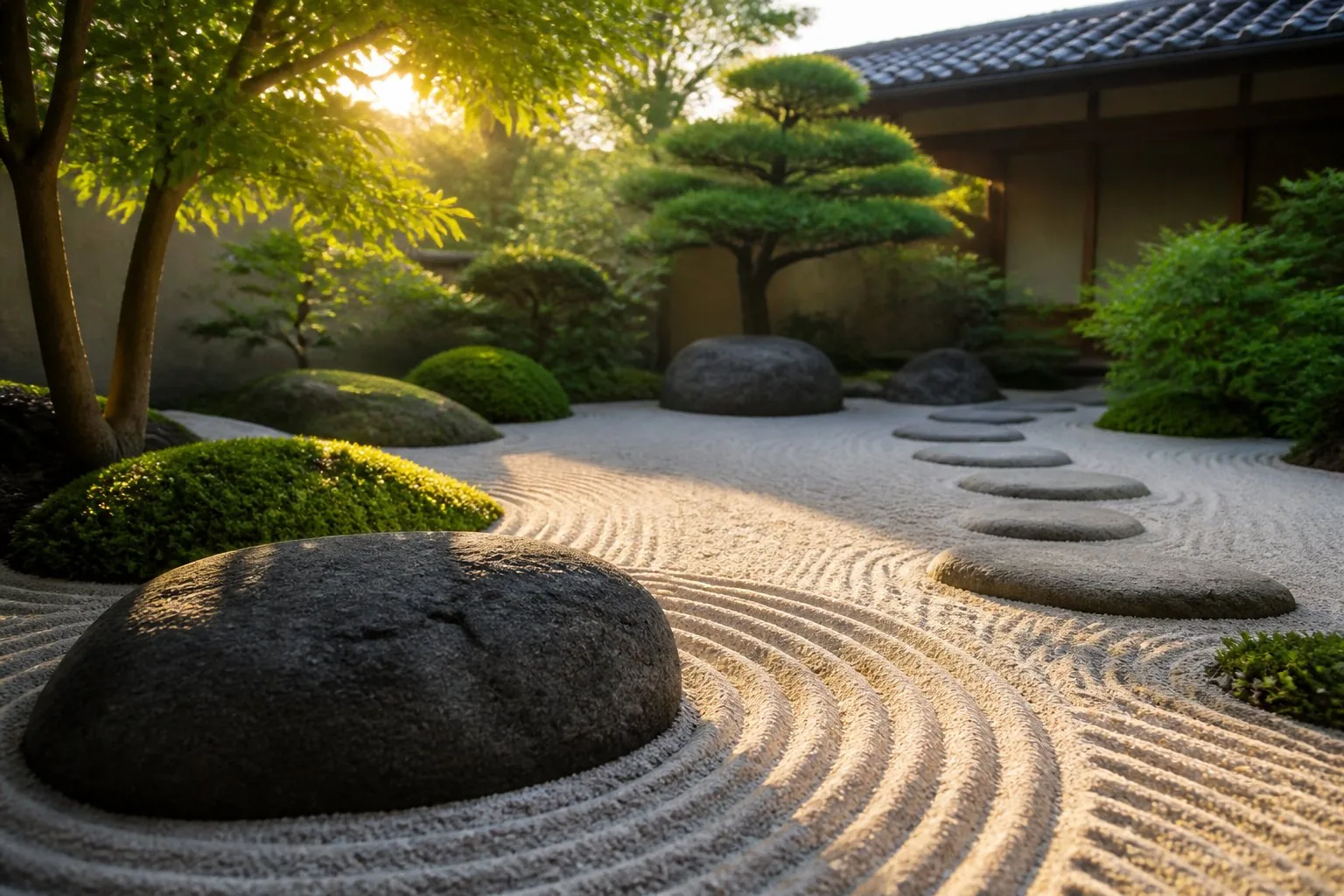 Jardin zen baigné de lumière du matin, ambiance d'une séance de Reiki