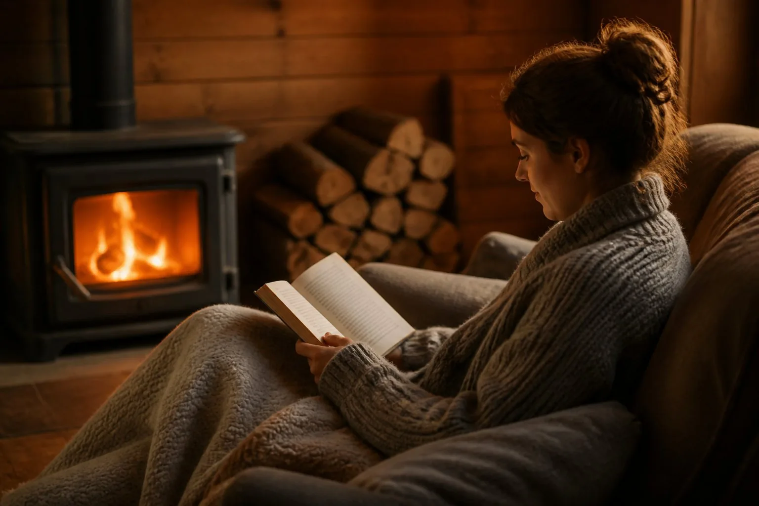 Une personne lit au coin du feu, un soir d'hiver
