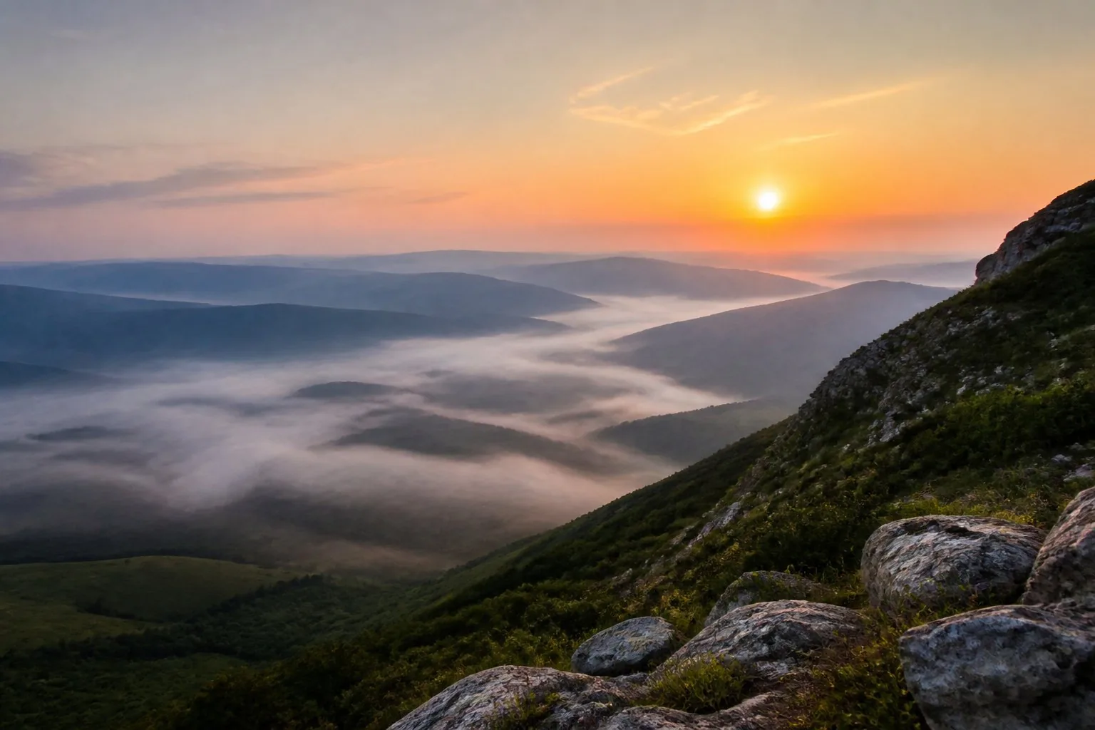 Lever de soleil paisible sur une vallée dans la brume