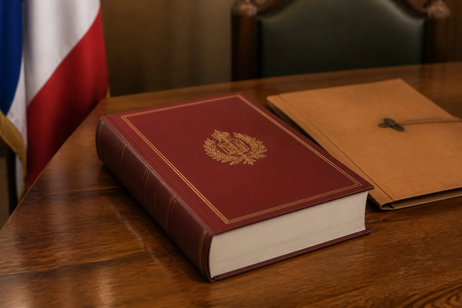 Recueil de textes officiels posé sur une table en bois