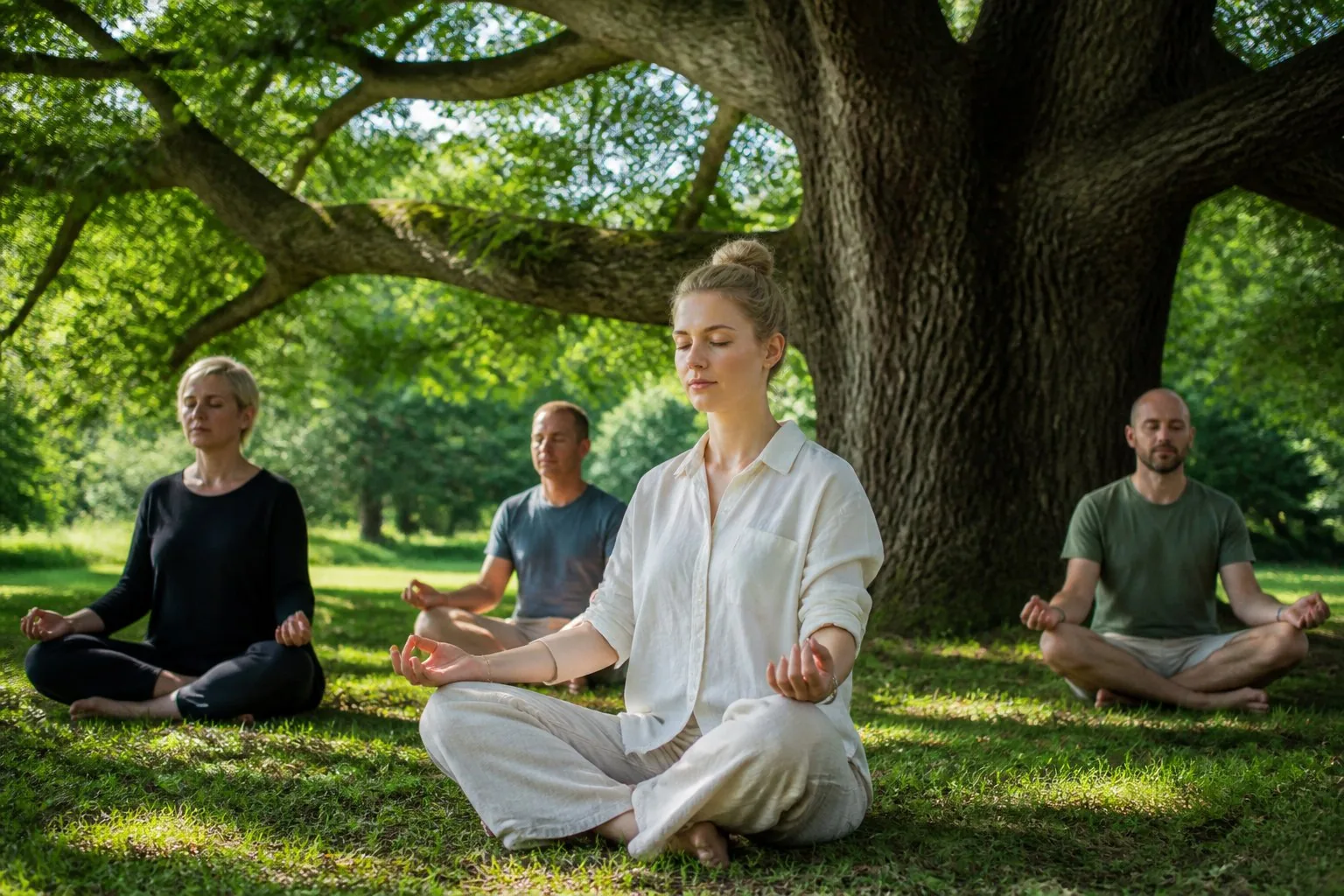 Personnes assises en méditation au pied d'un chêne, pratique de bien-être en groupe