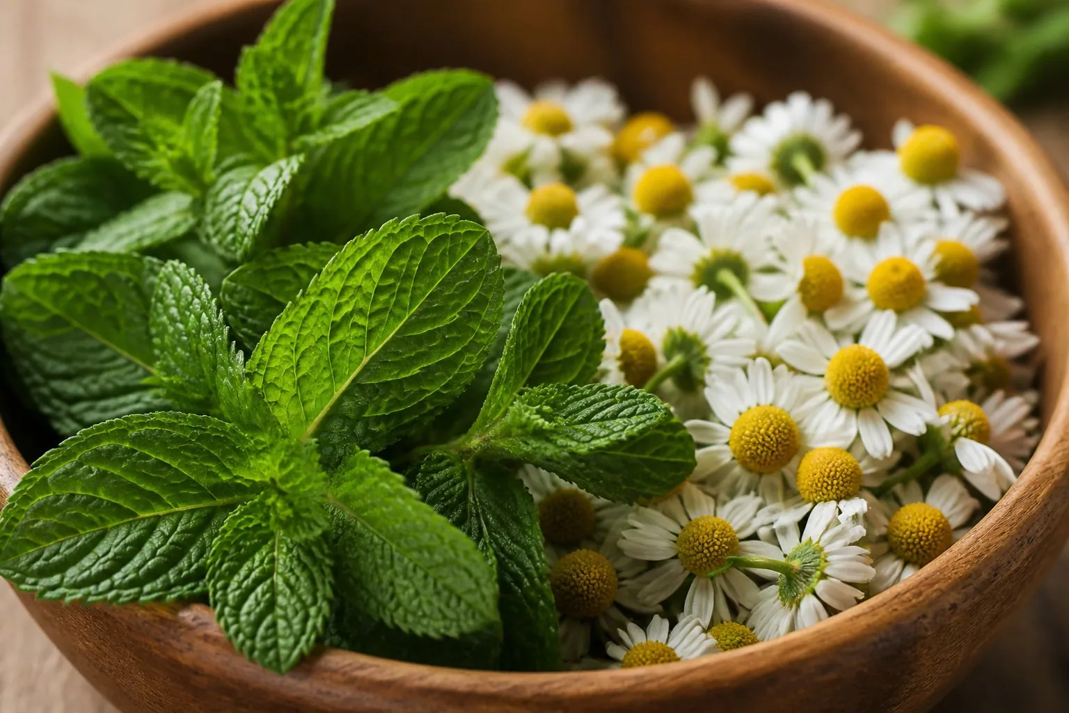 Plantes en bol de bois dans un cabinet de naturopathe
