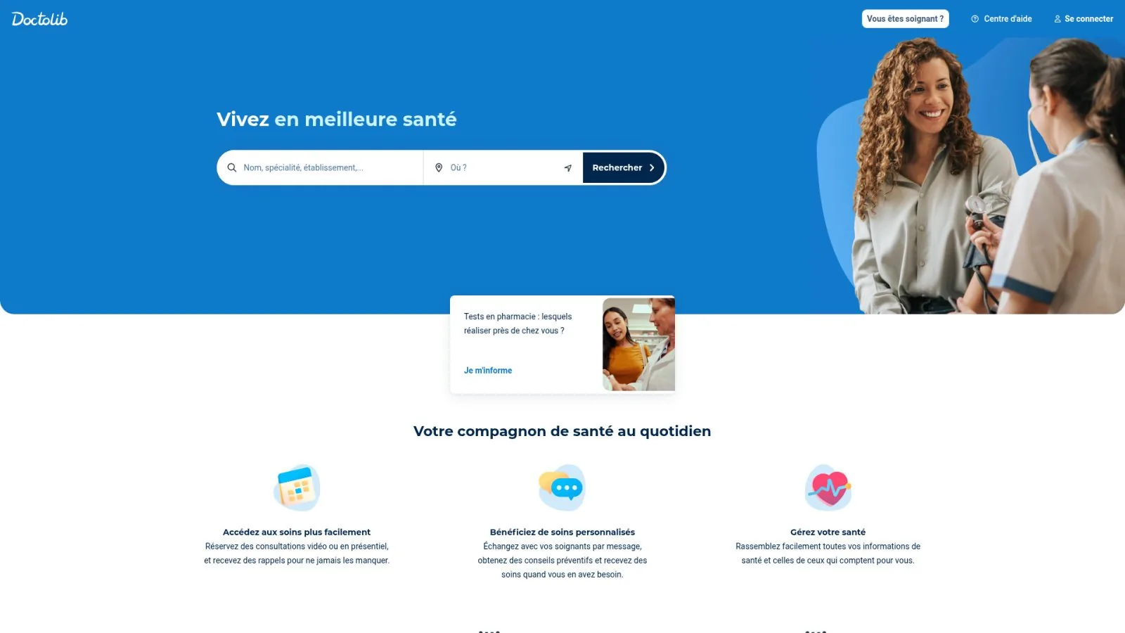 Page d'accueil de Doctolib, principal concurrent d'un cabinet d'ostéopathie sur Google