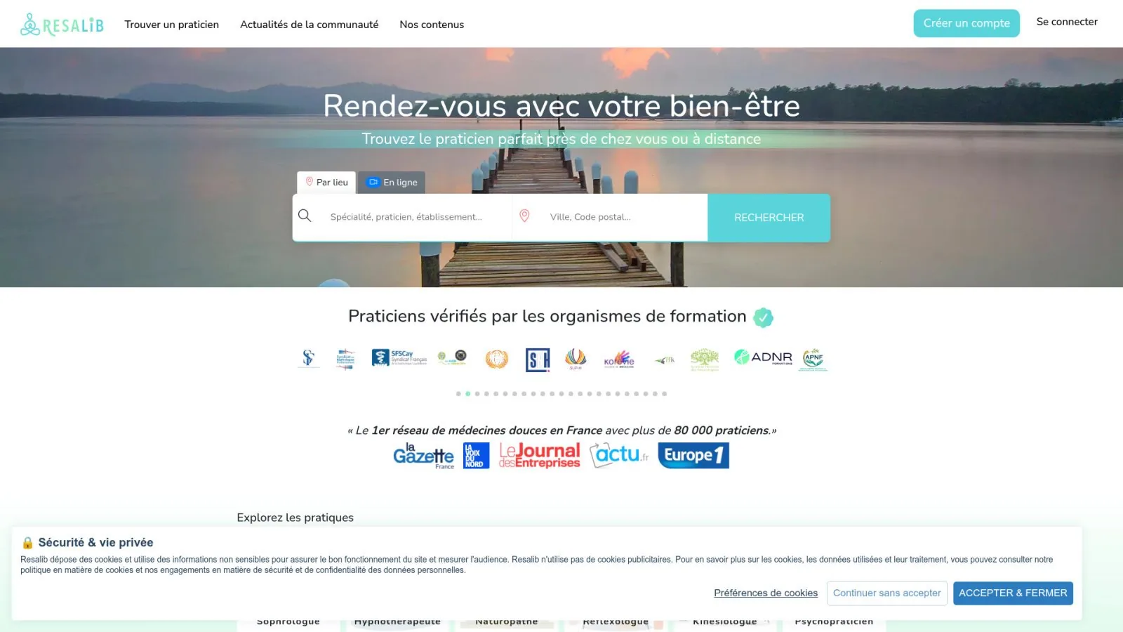 Page de recherche de Resalib, annuaire présent sur les recherches de réflexologie