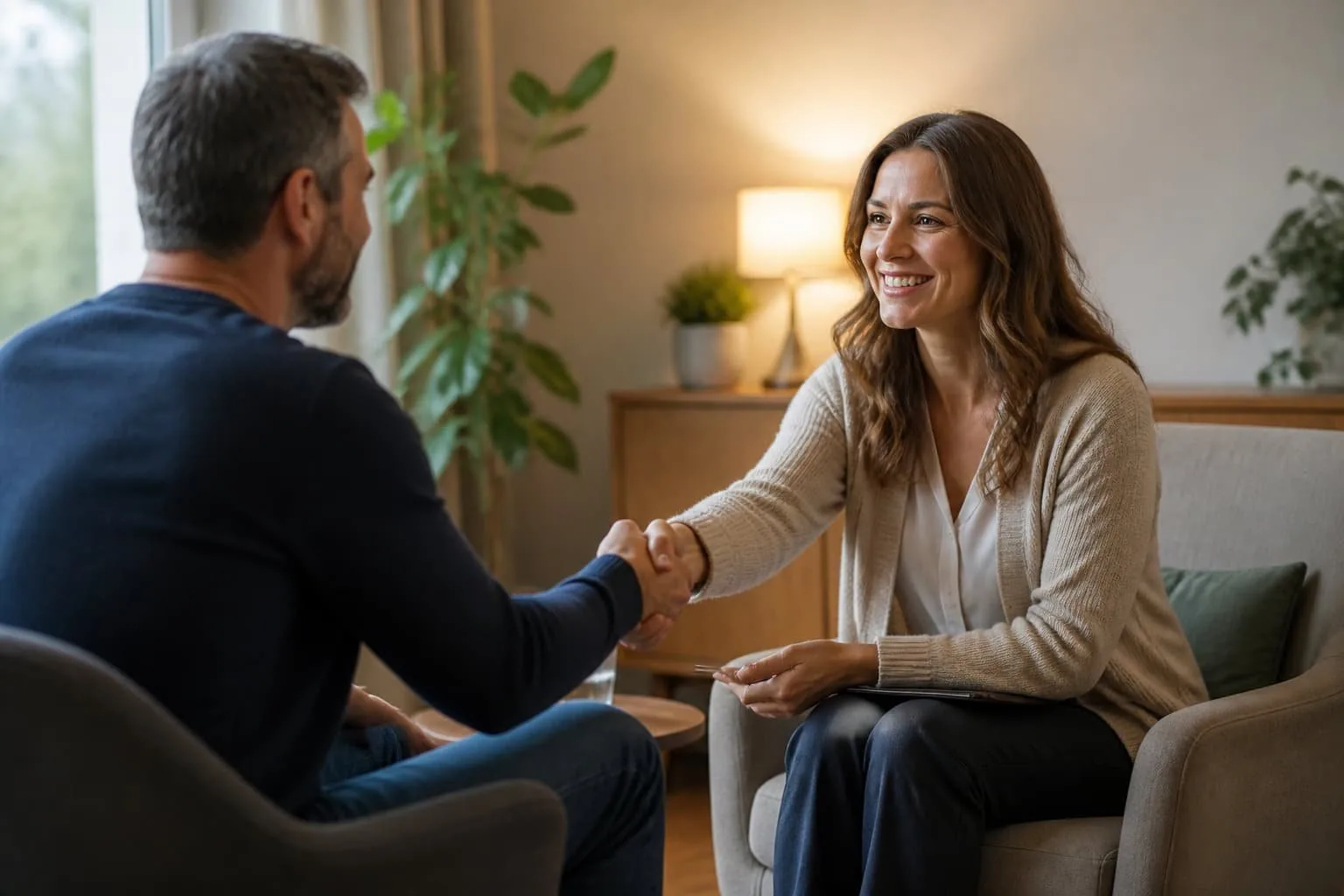 Poignée de main entre une praticienne EMDR et un patient à la fin d'une séance
