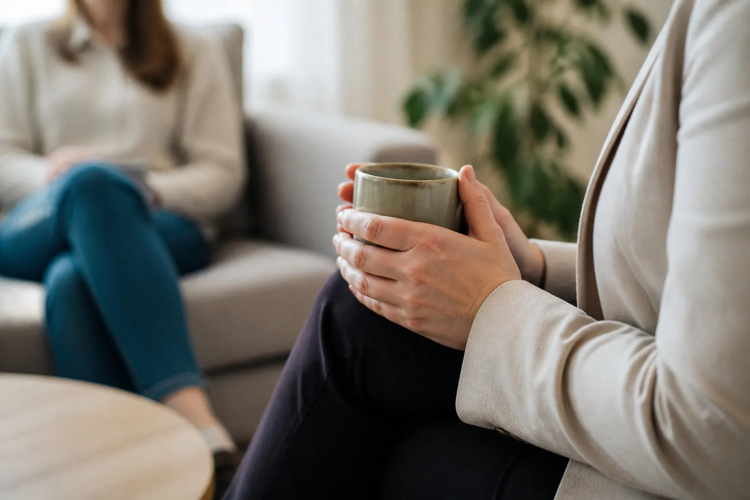 Séance individuelle de Gestalt-thérapie en face à face, une tasse sur la table
