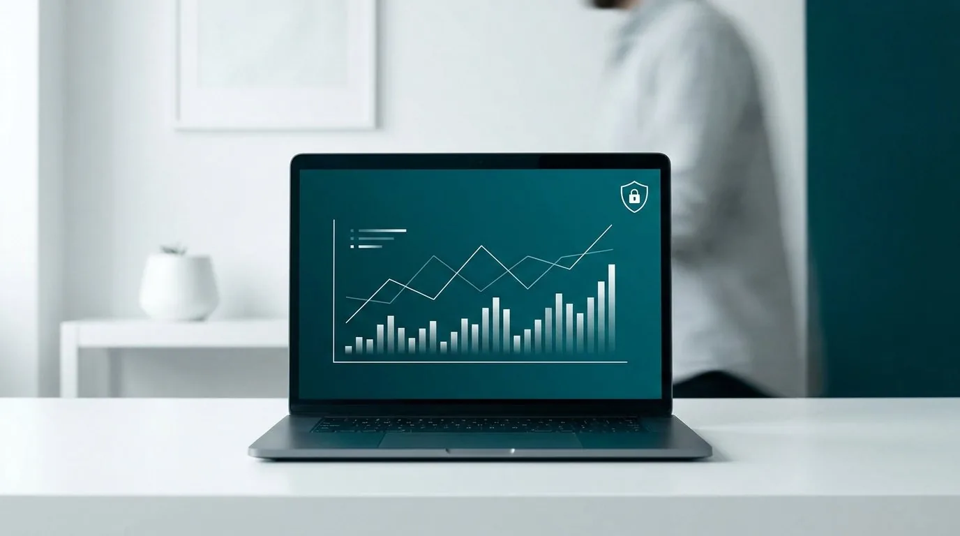 Ordinateur portable sur un bureau affichant des graphiques de données sécurisés avec une icône de bouclier.