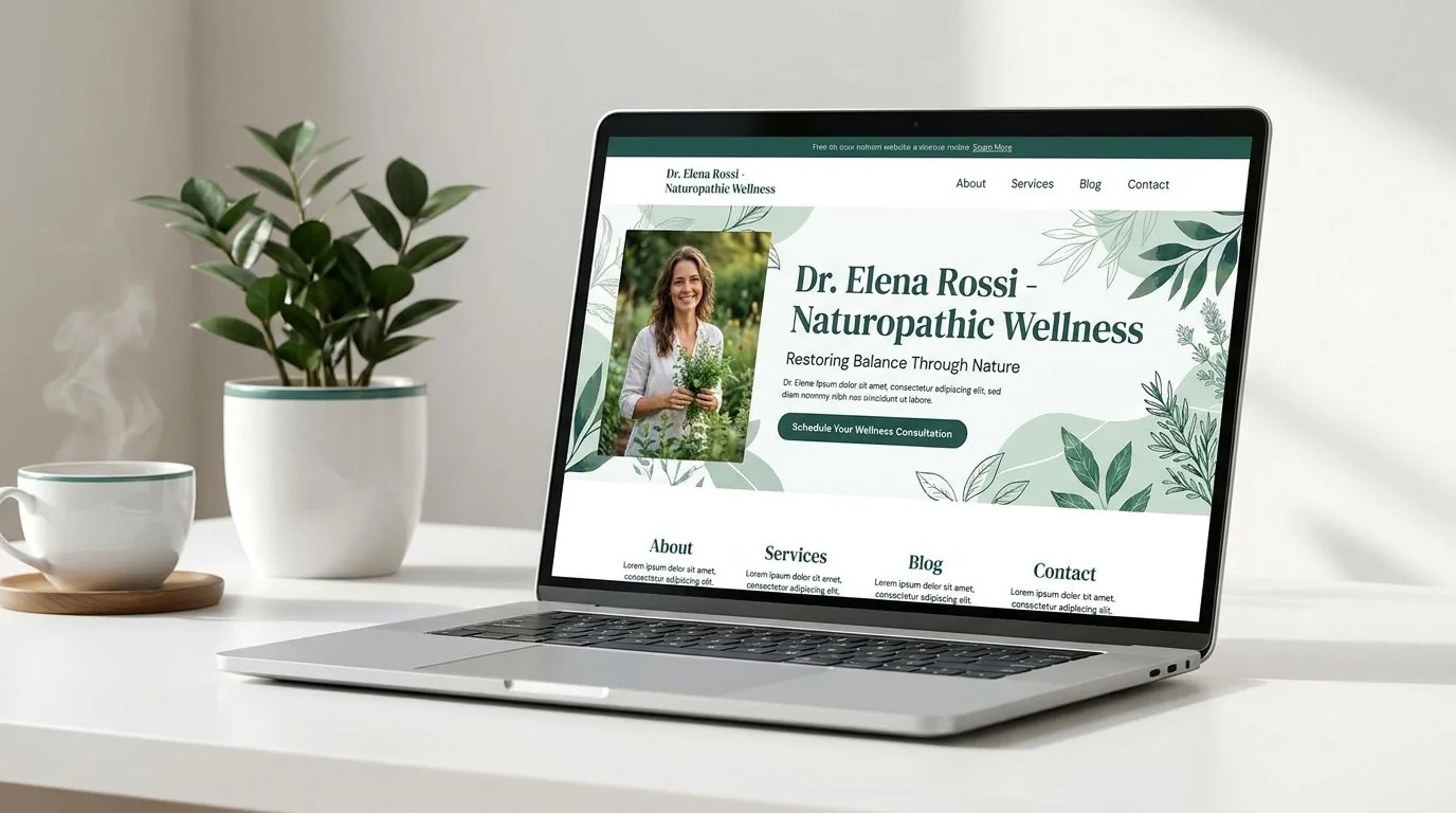 Ordinateur portable affichant un site internet professionnel de naturopathie sur un bureau minimaliste avec une plante.