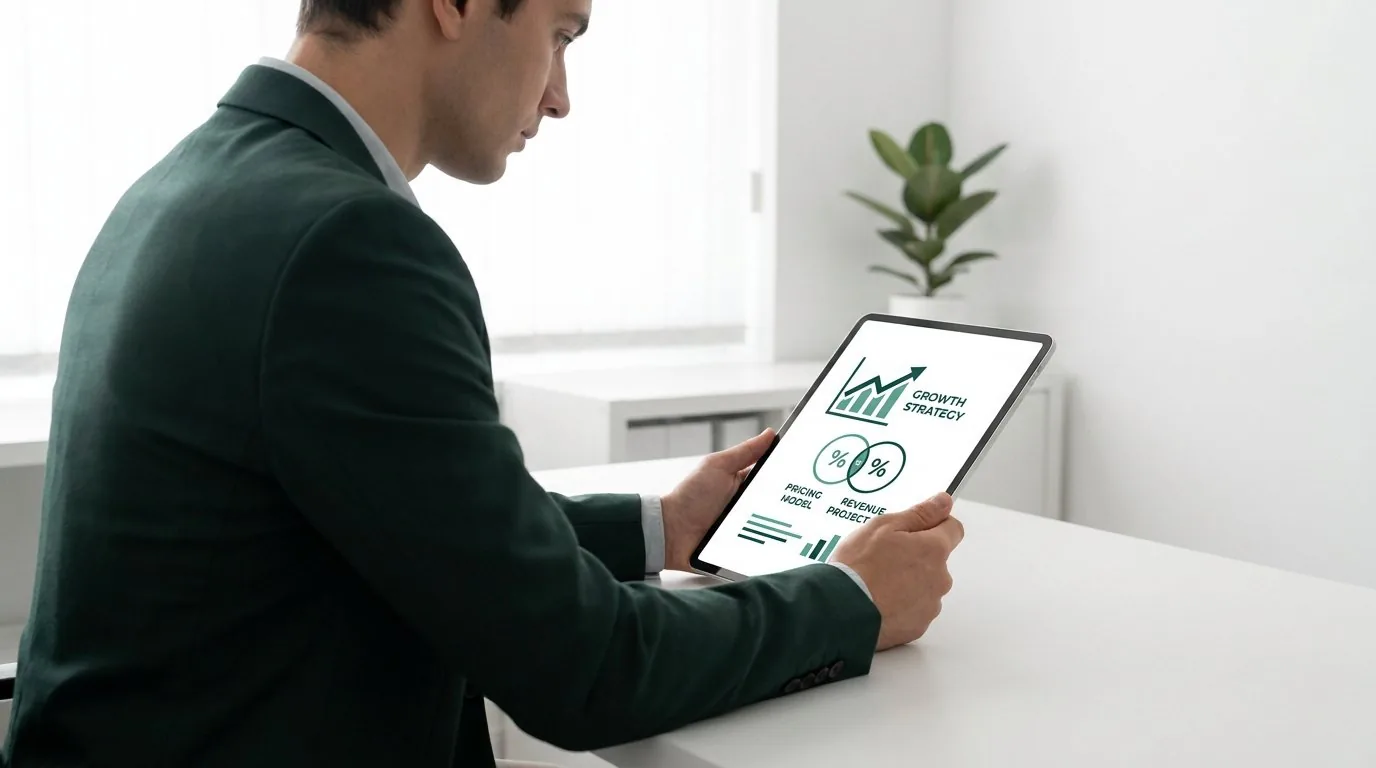 Un homme en costume consulte une tablette affichant des graphiques de stratégie de croissance et de tarification.
