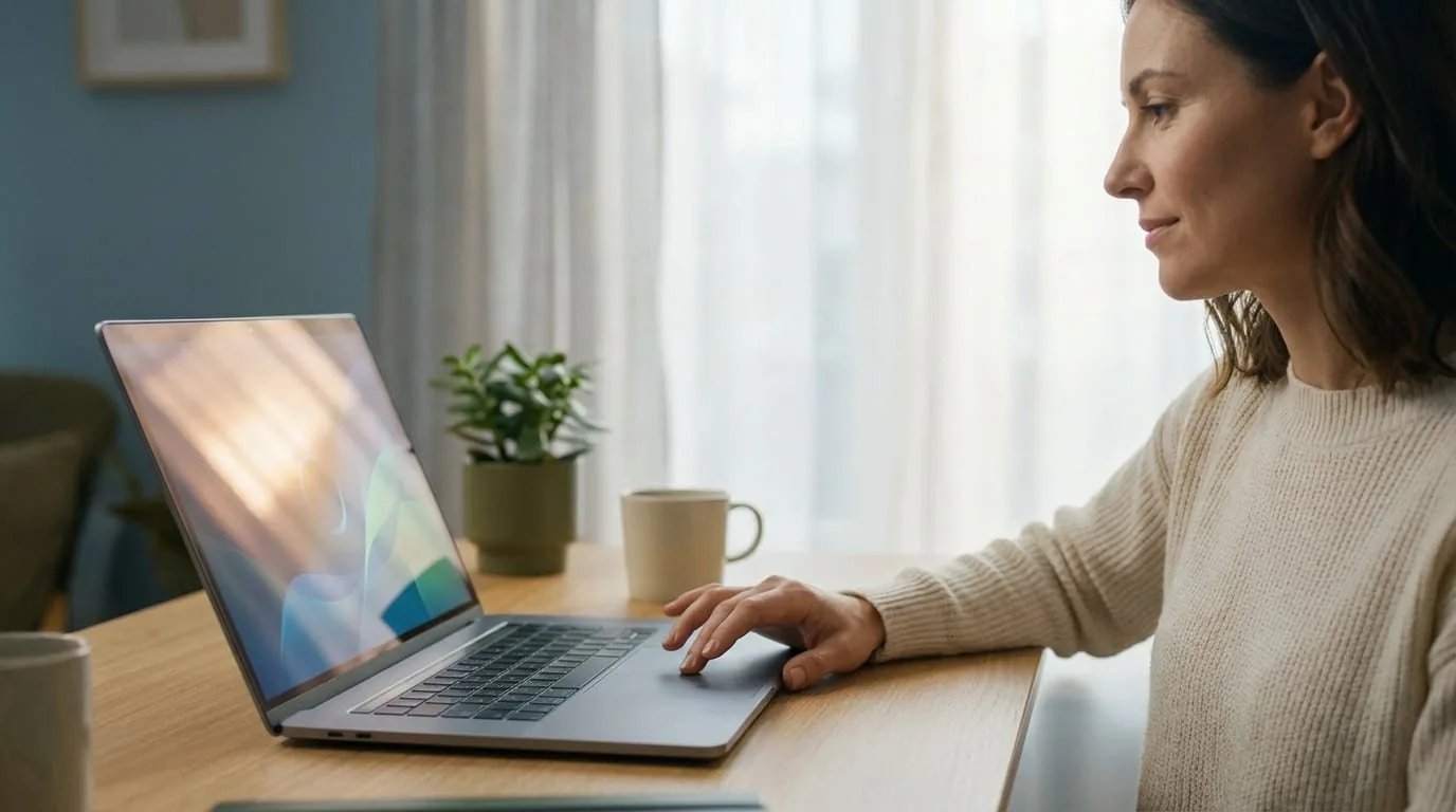 Une femme travaille sereinement sur un ordinateur portable
