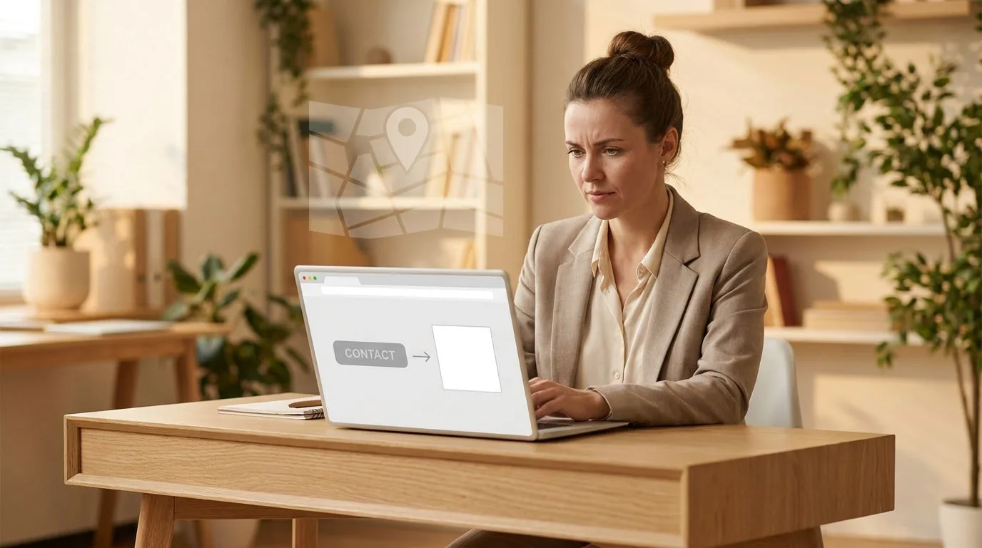 Femme thérapeute concentrée devant son ordinateur portable, avec un bouton "CONTACT" et une carte GPS en surimpression.