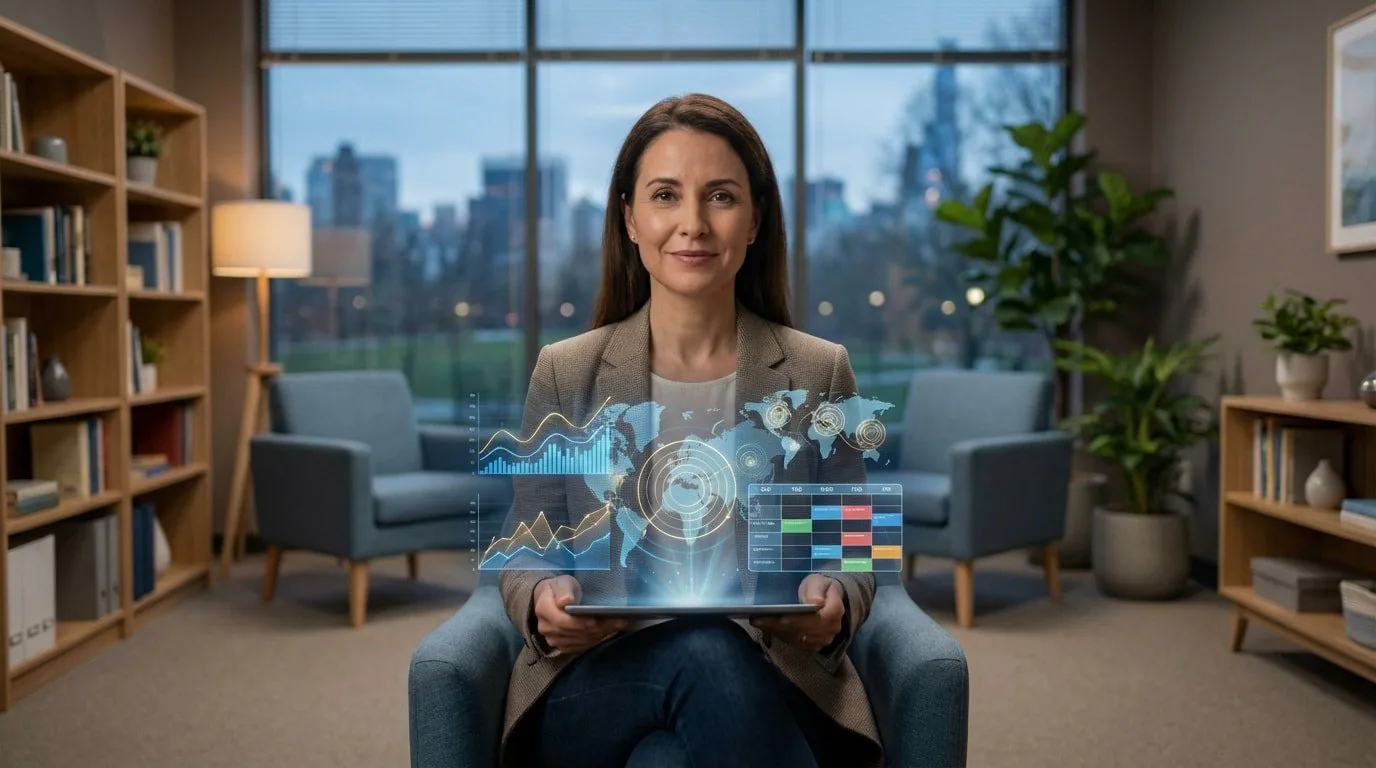 Femme souriante utilisant une tablette avec des hologrammes de données business (graphiques, carte). Assise dans un bureau moderne.