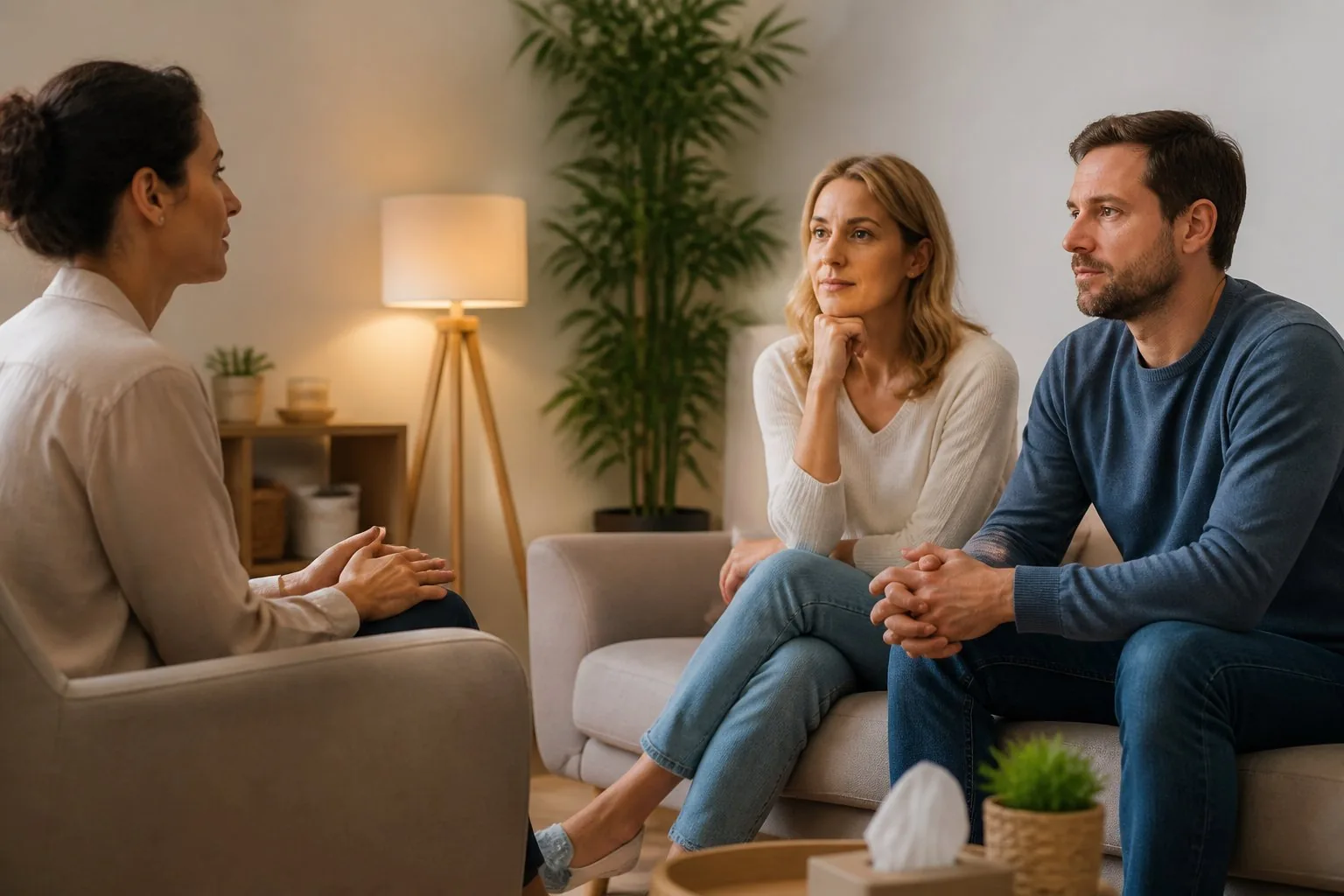 Un couple en consultation chez une sexothérapeute dans un cabinet calme