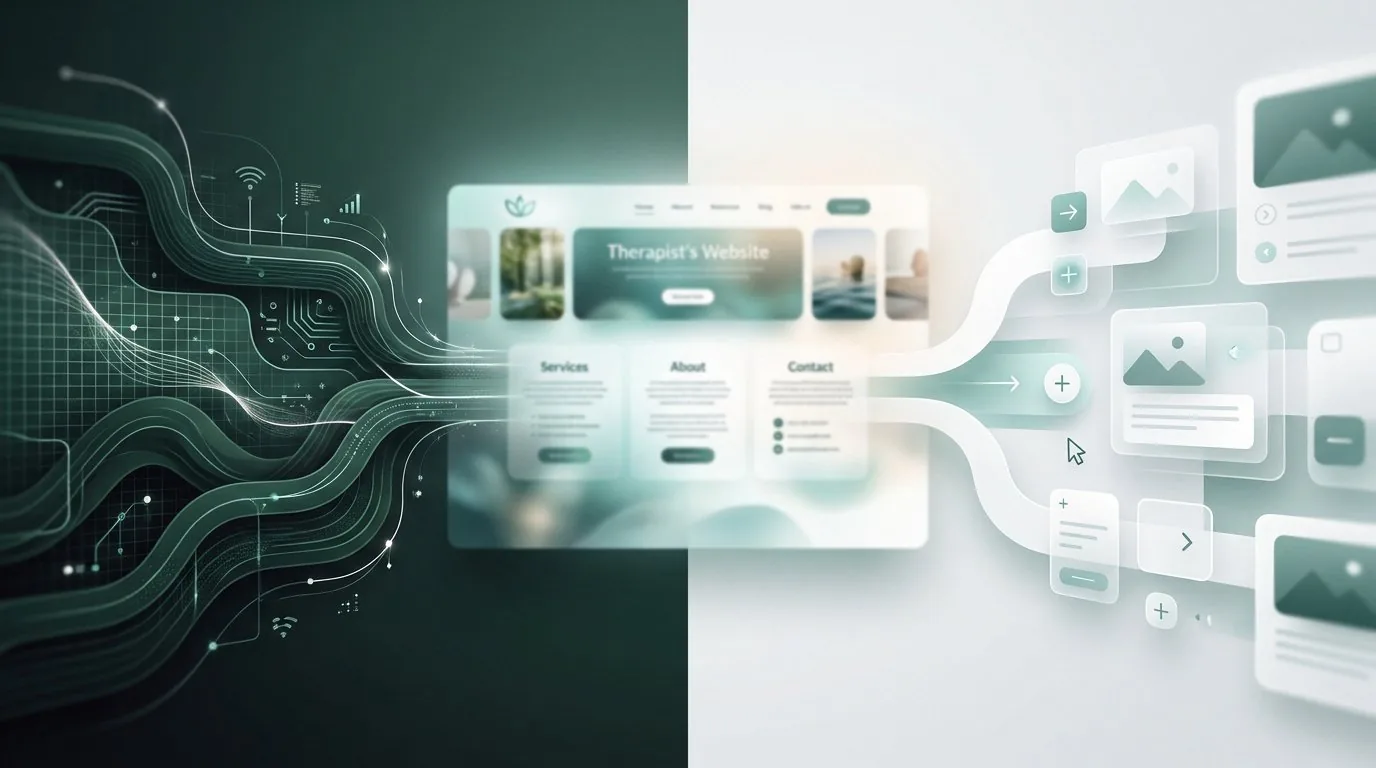 Illustration numérique comparant la création de site web avec des flux de données abstraits sur fond bicolore.