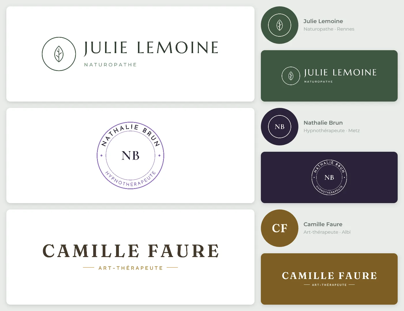 Trois exemples de logos de thérapeutes créés avec le générateur gratuit : naturopathe, hypnothérapeute et art-thérapeute, en couleur, en blanc et en icône